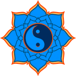 Yin yang flower logo in blue, black and orange